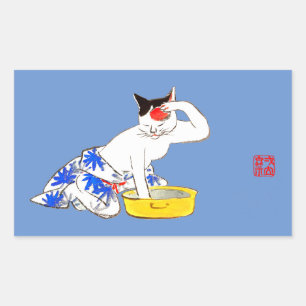 Humourous Japanese Cat Bathing I Rectangular Sticker