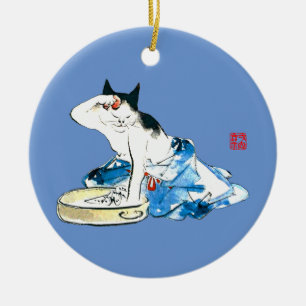 Humourous Japanese Cat Bathing II Ceramic Tree Decoration