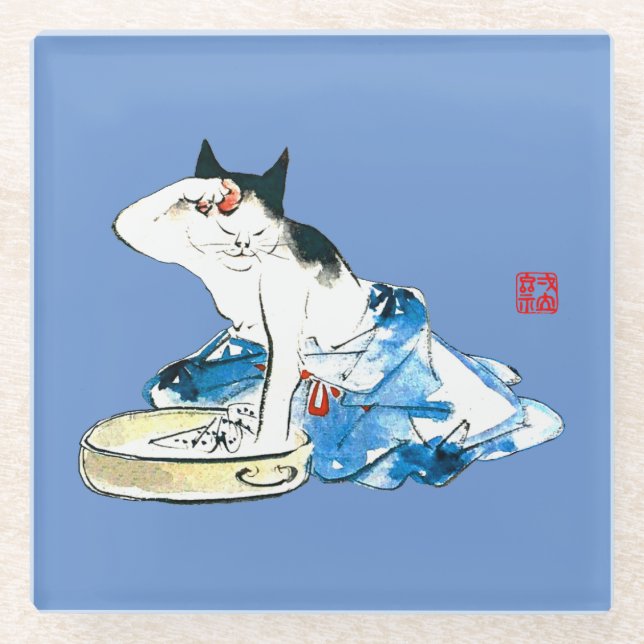 Humourous Japanese Cat Bathing II Glass Coaster (Front)