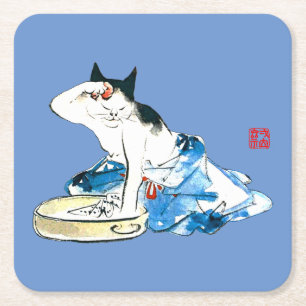 Humourous Japanese Cat Bathing II Square Paper Coaster