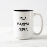 Humourous Latin Catholic Mea Maxima Cuppa Two-Tone Coffee Mug<br><div class="desc">Mea culpa, which means "through my fault" in Latin, comes from a prayer of confession in the Catholic Church. Said by itself, it's an exclamation of apology or remorse that is used to mean "It was my fault" or "I apologise." ... Mea culpa is one of many English terms that...</div>
