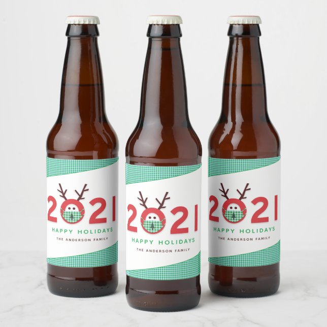 Humourous Masked Reindeer 2021 Custom Holiday Beer Beer Bottle Label (Bottles)