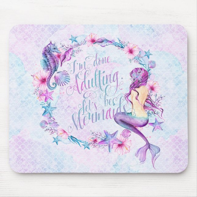 Humourous Mermaid Seahorse Lavender Pink Aqua Mouse Mat (Front)