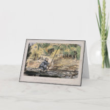 Humourous nostalgia card - flyfishing with daughte