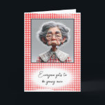 Humourous Old Lady Getting Old Birthday Card<br><div class="desc">A grumpy-looking old lady in a gingham dress on a faded red and white gingham background for getting old birthday humour.
All text is editable.</div>