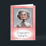 Humourous Old Lady Getting Old Birthday Card<br><div class="desc">A grumpy-looking old lady in a gingham dress on a faded red and white gingham background for getting old birthday humour.
All text is editable.</div>