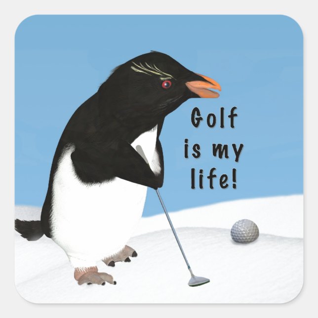 Humourous Penguin Playing Golf Square Sticker (Front)