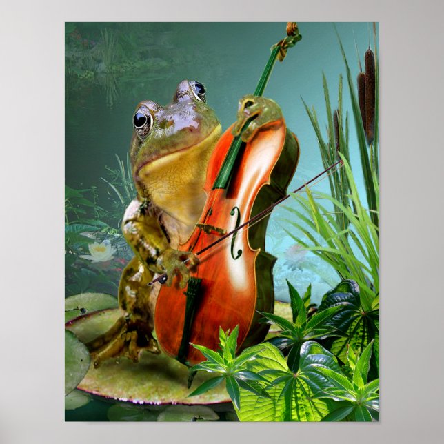 Humourous scene frog playing cello in lily pond poster (Front)