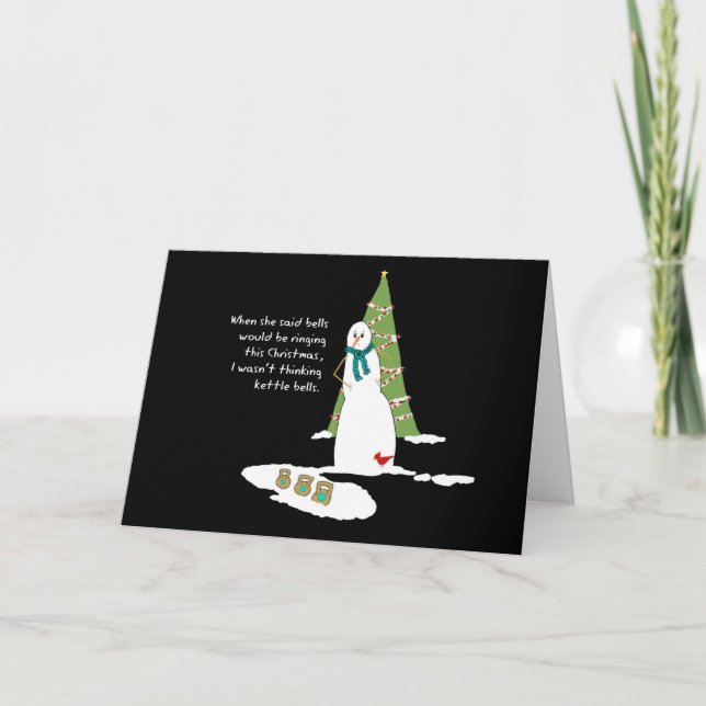 Humourous Snowman Kettle Bells Christmas Card (Front)