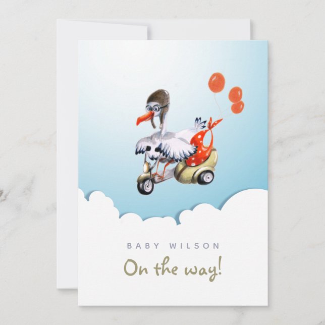 Humourous Stork on Scooter Orange Gender Neutral Invitation (Front)
