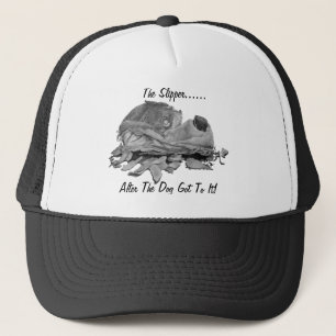 Humourous torn dog slipper drawing still life art trucker hat