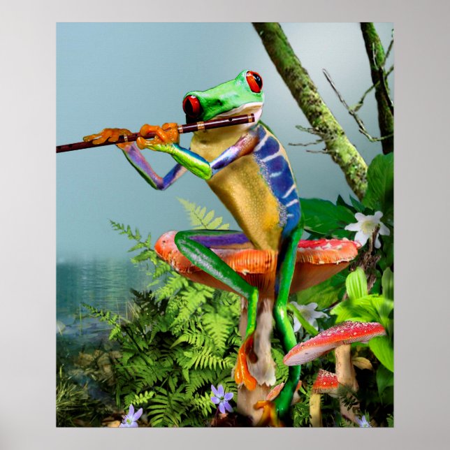 Humourous Tree Frog Playing the Flute Poster (Front)