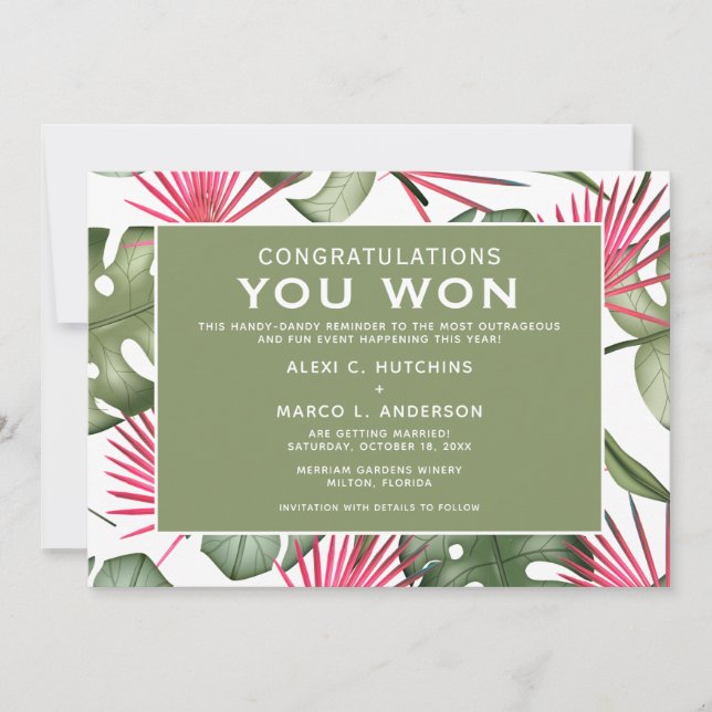 Humourous Tropical Wedding Save the Date Card (Front)