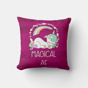 Humourous Unicorn Magical AF on Dark Red Pattern Cushion