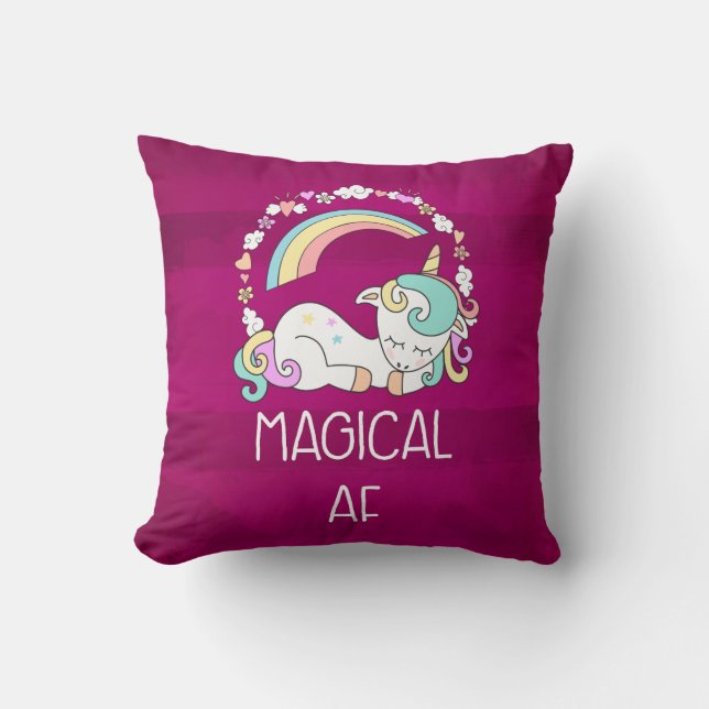 Humourous Unicorn Magical AF on Dark Red Pattern Cushion (Front)