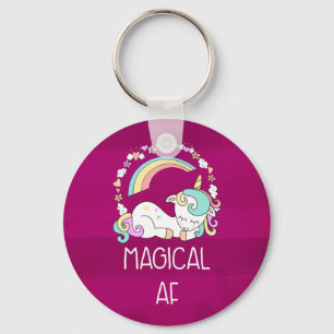 Humourous Unicorn Magical AF on Dark Red Pattern Key Ring