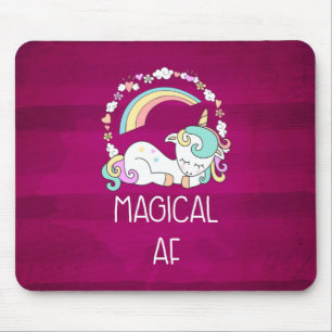 Humourous Unicorn Magical AF on Dark Red Pattern Mouse Mat