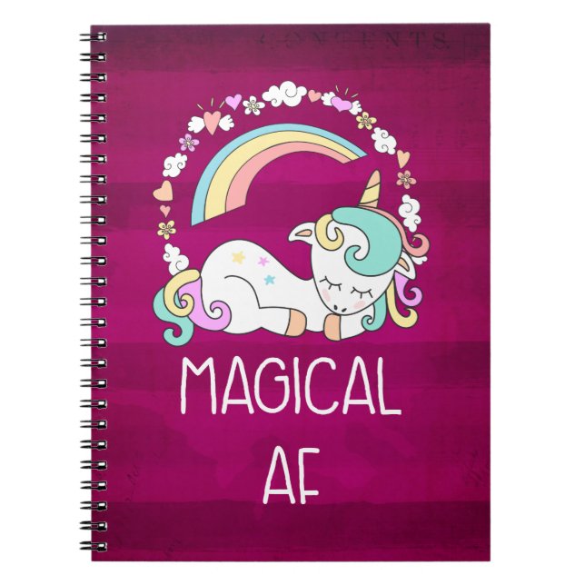 Humourous Unicorn Magical AF on Dark Red Pattern Notebook (Front)