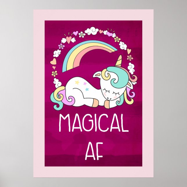 Humourous Unicorn Magical AF on Pinkish Red Patter Poster (Front)