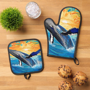 Humpback Sunset Leap Art Oven Mitt & Pot Holder Set