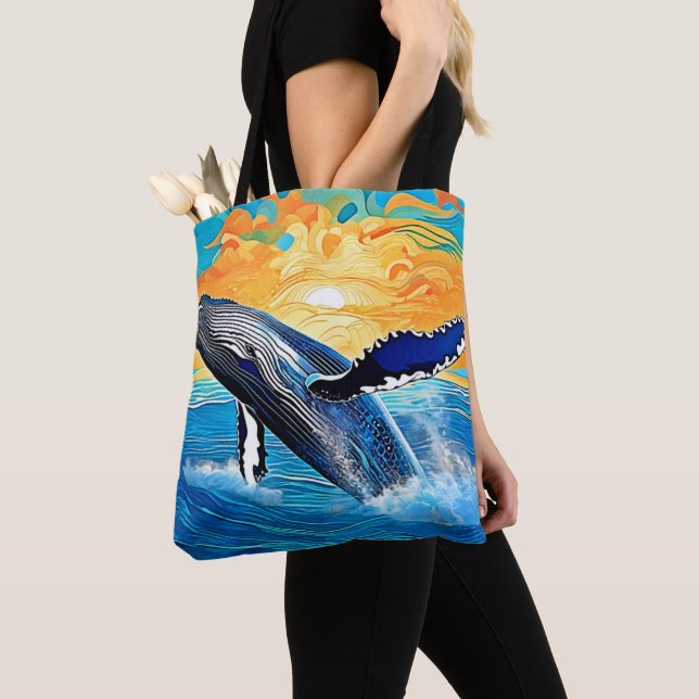 Humpback Sunset Leap Art Tote Bag (Close Up)