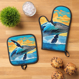 Humpback Whale Ocean Freedom Jump Design Oven Mitt & Pot Holder Set