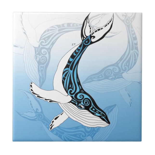 Humpback Whale Tribal Blue Art Tile (Front)