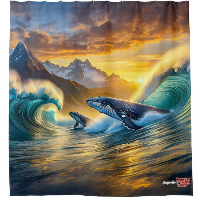 Humpbacks At Sunset Design by Rich AMeN Gill Shower Curtain (Front)