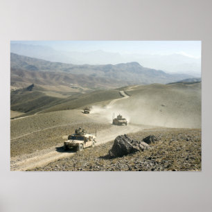 Humvees traverse rugged mountain roads poster