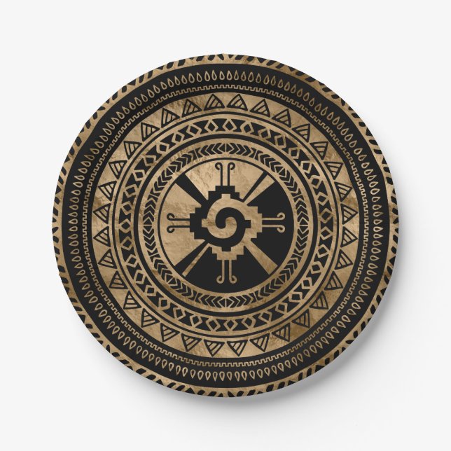 Hunab Ku Mayan symbol black and gold Paper Plate (Front)