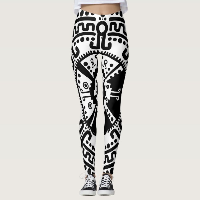 Hunab Ku Mayan symbol black and white #3 Leggings (Front)