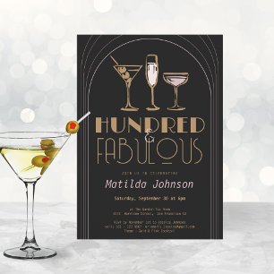 Hundred and Fabulous Cocktail Gold 100th Birthday Invitation