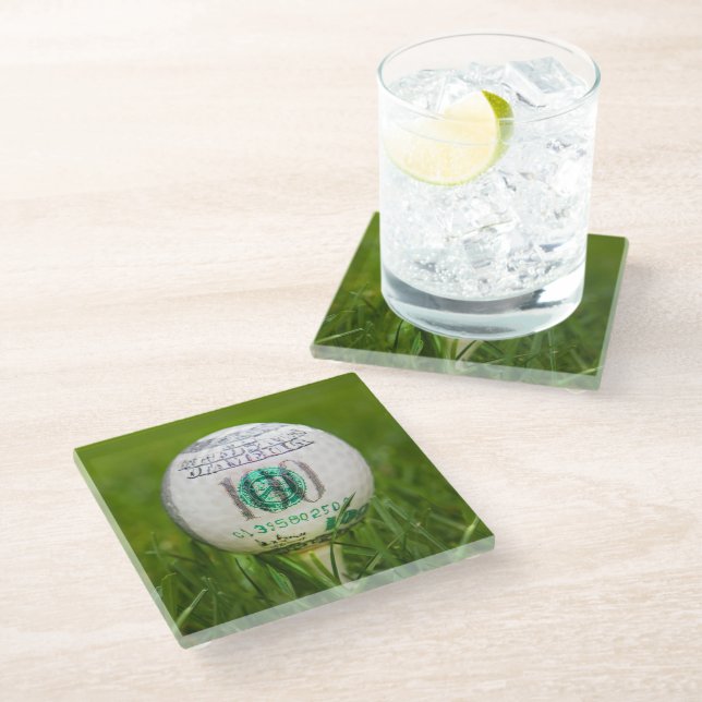 Hundred Dollar Golf Ball  Glass Coaster (Angled)