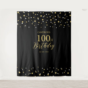 Hundred Gold & Black 100th Birthday Party Backdrop Tapestry