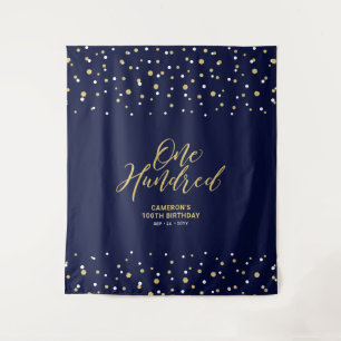 Hundred Gold & Navy 100th Birthday Party Backdrop Tapestry
