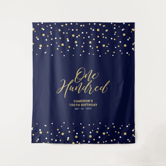 Hundred Gold & Navy 100th Birthday Party Backdrop Tapestry (Front)