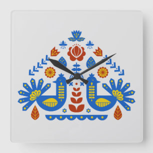 Hungarian Danish Peacock Floral Folklore Pattern Square Wall Clock