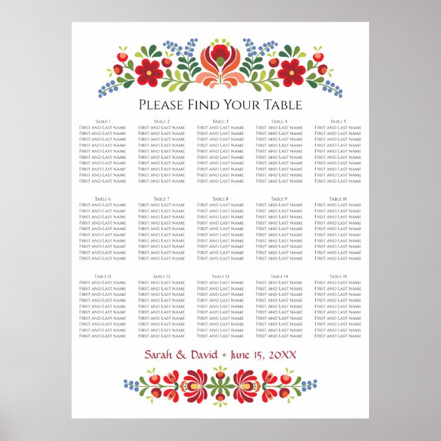 Hungarian Design Red Flowers Seating Chart (Front)