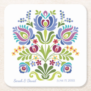 Hungarian Design Violet Floral Square Paper Coaster