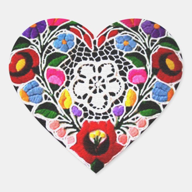 Hungarian Embroidery Heart on Black  Heart Sticker (Front)