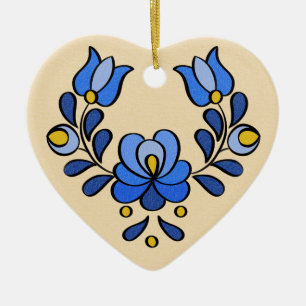 Hungarian Embroidery Pattern, "Matyó" - blue Ceramic Tree Decoration