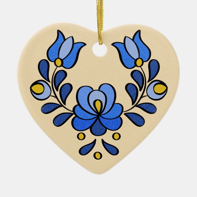 Hungarian Embroidery Pattern, "Matyó" - blue Ceramic Tree Decoration (Front)