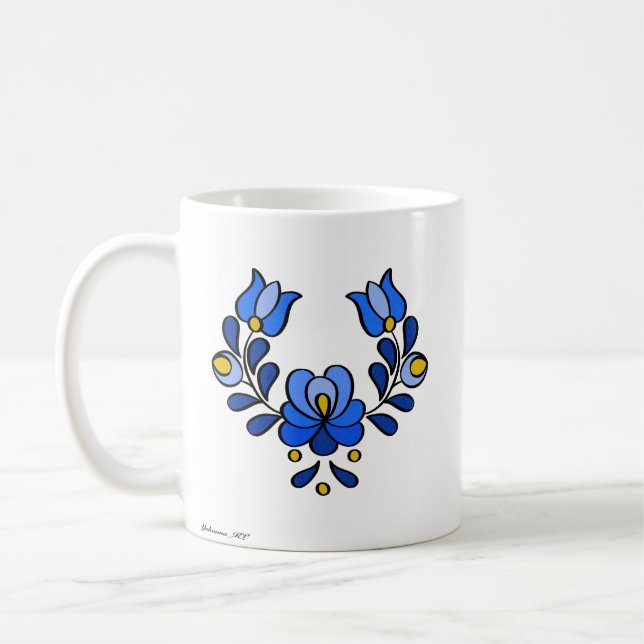 Hungarian Embroidery Pattern, "Matyó" -blue Coffee Mug (Left)