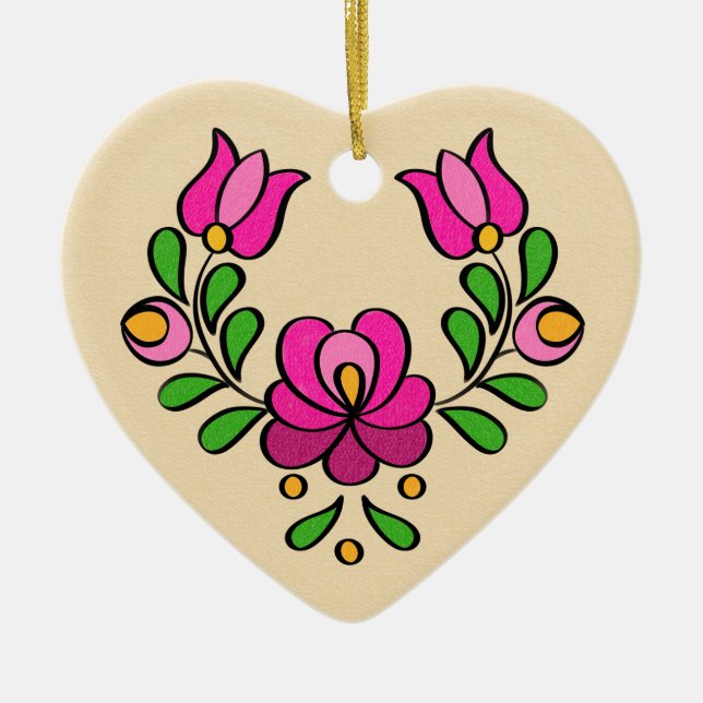 Hungarian Embroidery Pattern, "Matyó" - pink Ceramic Tree Decoration (Front)