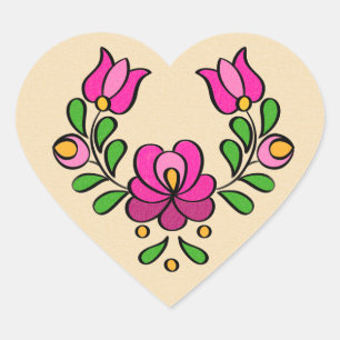 Hungarian Embroidery Pattern, "Matyó" - pink Heart Sticker