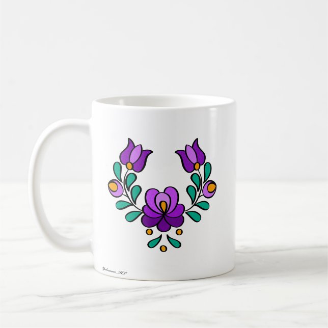 Hungarian Embroidery Pattern, "Matyó" -purple Coffee Mug (Left)