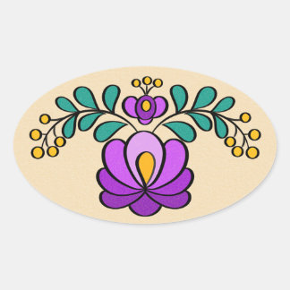 Hungarian Embroidery Pattern, "Matyó" - purple Oval Sticker