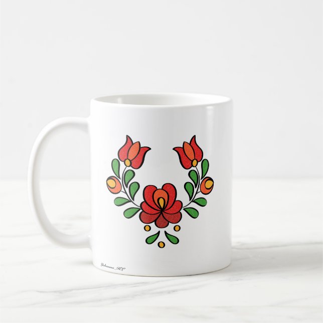 Hungarian Embroidery Pattern, "Matyó" - red Coffee Mug (Left)