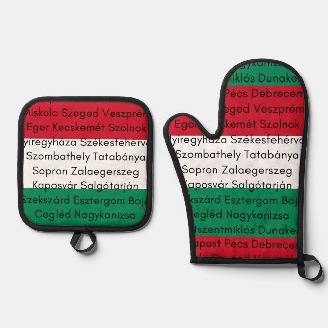 Hungarian Flag Colours with Cities Oven Mitt & Pot Holder Set (Front)