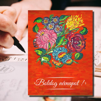 Hungarian floral  in red  -     Name Day Postcard
